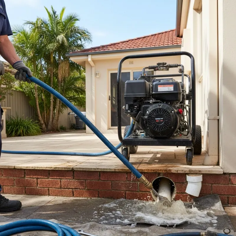 OPS high-pressure drain jet blasting unit clearing a Sydney sewer line