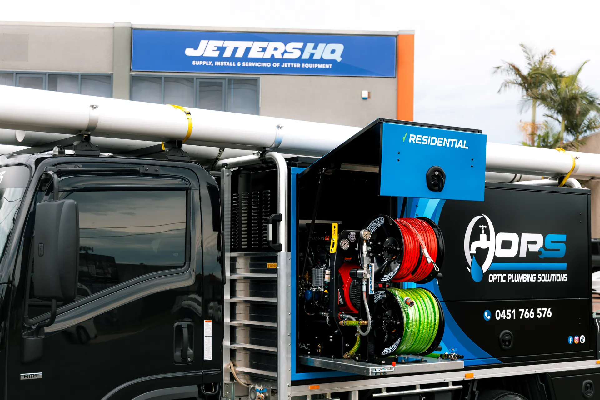 OPS truck on-site with full jet blasting equipment — 24/7 emergency response